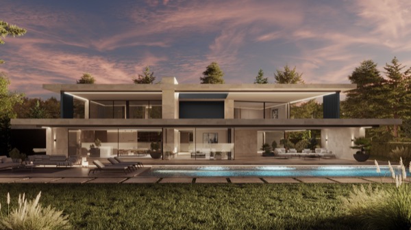 Moderne Flachdachvilla mit Pool und Terrasse in der Abenddämmerung, beleuchtete Glasfassaden und Garten mit Bäumen