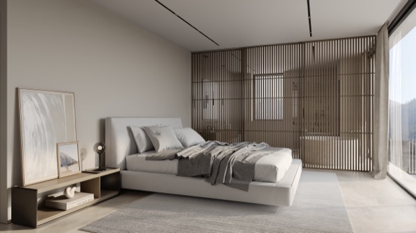 Minimalistisches Schlafzimmer mit gepolstertem Bett, Holzlamellenwand zum Bad, grauem Teppich und viel Tageslicht