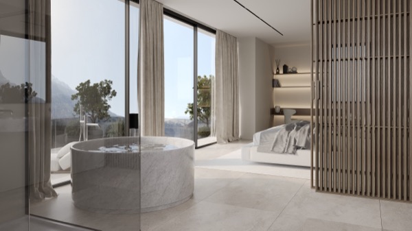 Helles Schlafzimmer mit runder Marmorbadewanne, Holzlamellen-Trennwand und bodentiefen Fenstern mit Bergblick
