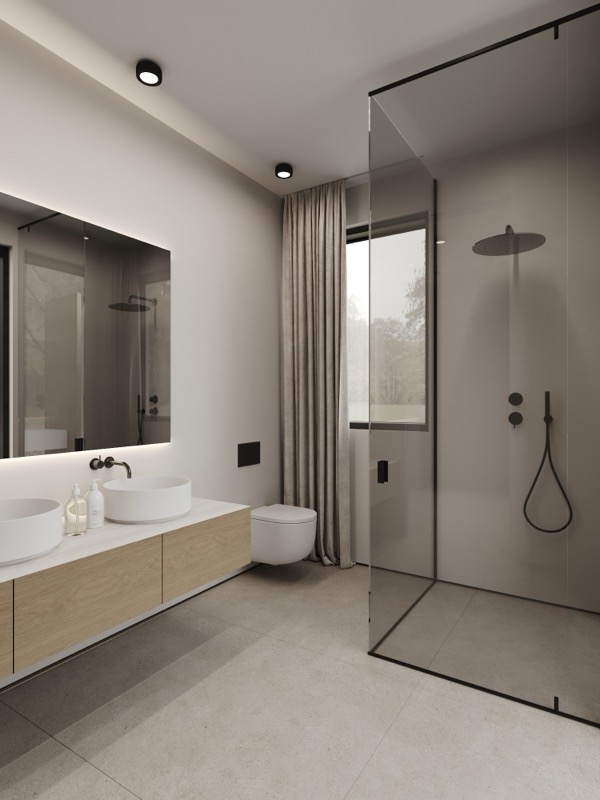 Minimalistisches Badezimmer mit Doppelwaschtisch aus Eichenholz, Rauchglas-Dusche und schwarzen Armaturen