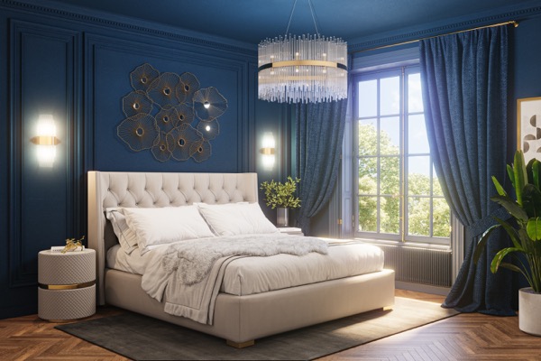 Klassisches Schlafzimmer in Königsblau mit Kristallleuchter, cremefarbenem Chesterfield-Bett und Gartenblick