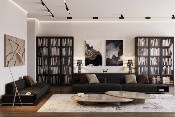 Grosszügiges Wohnzimmer mit Bibliothek, schwarzen Sofas, ovalen Steintischen und abstrakter Wandkunst unter Schienenleuchten
