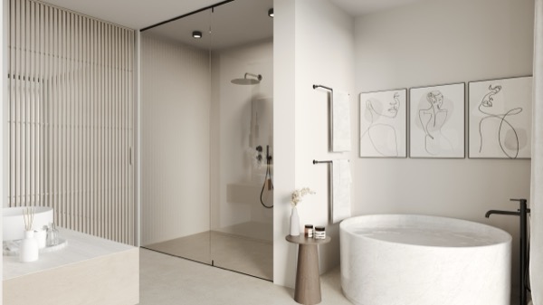 Helles Badezimmer mit runder Steinbadewanne, ebenerdiger Glasdusche, Holzlamellen und Line-Art-Bildern