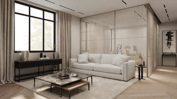 Elegantes Wohnzimmer mit weissem Sofa, Marmor-Couchtisch, Holzlamellen-Raumteiler und grossem Sprossenfenster